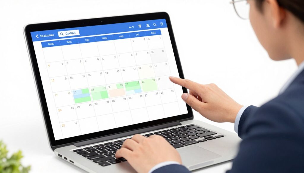 Generate an image of a person using a digital calendar on a laptop, with a visible weekly schedule and time blocks. Generate an image of a person using a digital calendar on a laptop, with a visible weekly schedule and time blocks.