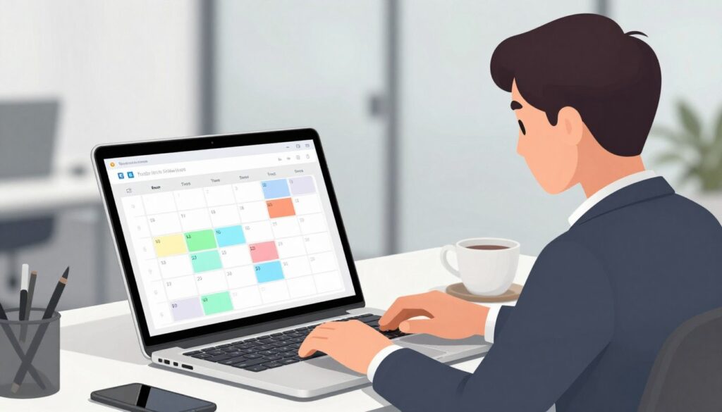 Generate an image of a person working on a laptop with a calendar interface on the screen, highlighting different time blocking methods. Generate an image of a person working on a laptop with a calendar interface on the screen, highlighting different time blocking methods.