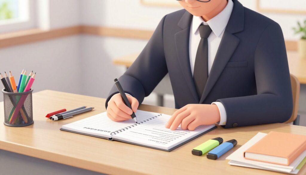 Generate an image of a student organizing their notes with colored pens and highlighters.