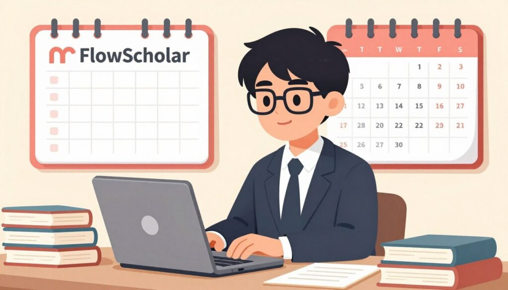 Generate an image of a student using FlowScholar on a laptop, with a planner and calendar in the background, surrounded by organized study materials.