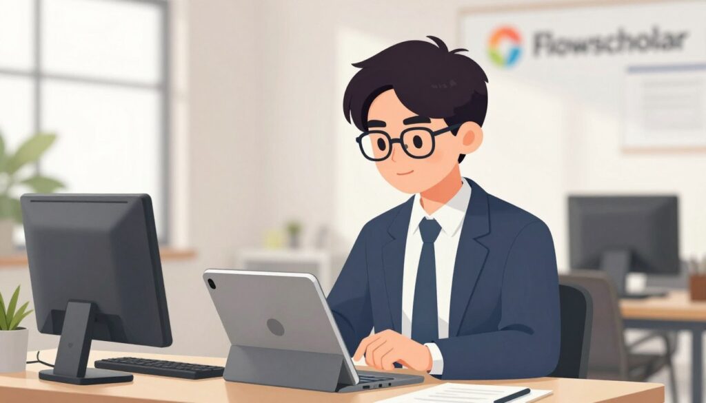 Generate an image of a student using FlowScholar on a tablet.