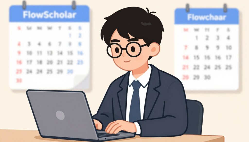 Generate an image of a student using FlowScholar on their laptop, with a calendar in the background. Generate an image of a student using FlowScholar on their laptop, with a calendar in the background.