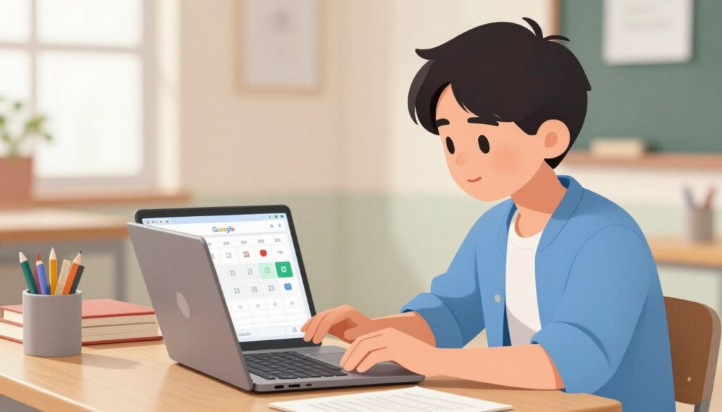 Generate an image of a student using Google Calendar on a laptop