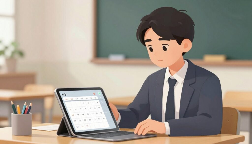 Generate an image of a student using a digital calendar on a tablet Generate an image of a student using a digital calendar on a tablet