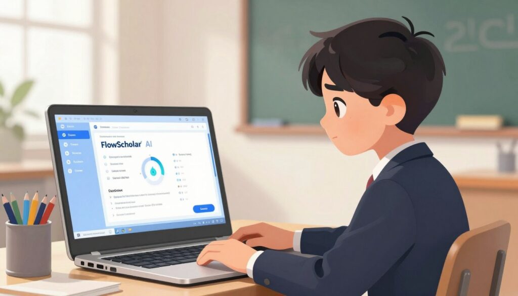 Generate an image of a student using a laptop with FlowScholar's AI tool interface on the screen.