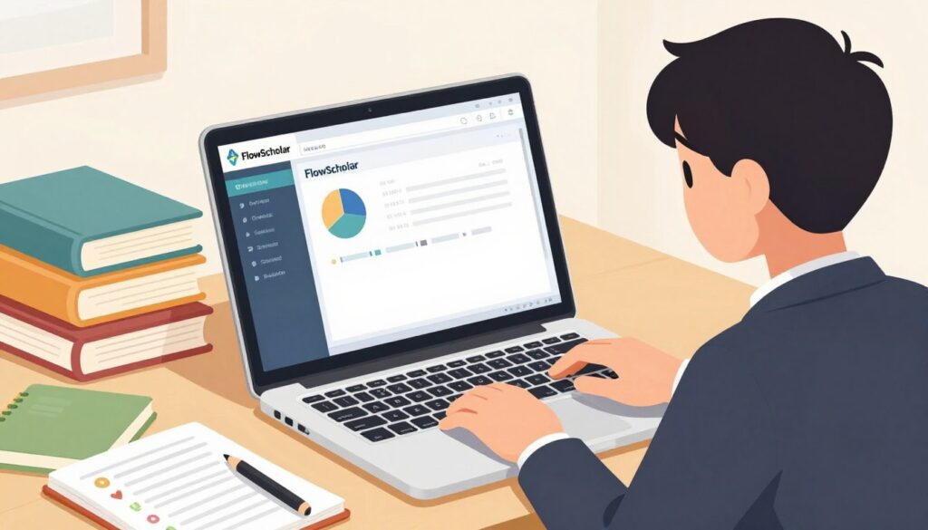 Generate an image of a student using a laptop with FlowScholar's interface on the screen, surrounded by books and notes.