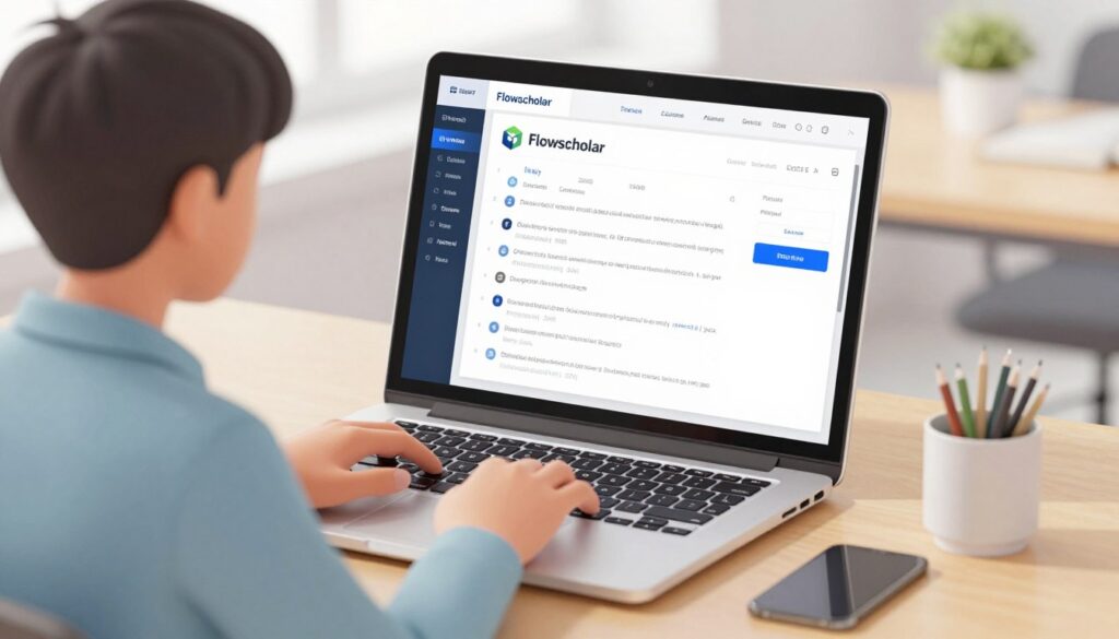 Generate an image of a student using a laptop with Flowscholar's AI-powered educational platform on the screen.