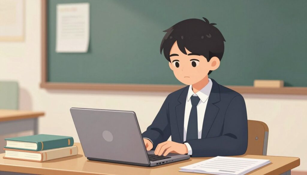 Generate an image of a student using a laptop with a focused expression, surrounded by study materials and a calm background. Generate an image of a student using a laptop with a focused expression, surrounded by study materials and a calm background.