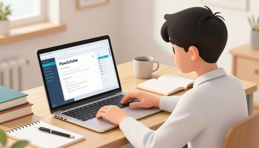 Generate an image of a student using a laptop with the FlowScholar interface on the screen, surrounded by books and notes. Generate an image of a student using a laptop with the FlowScholar interface on the screen, surrounded by books and notes.