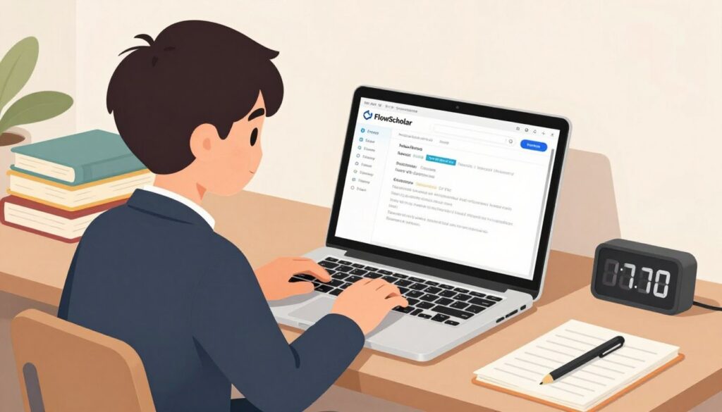 Generate an image of a student using a laptop with the FlowScholar interface on the screen, surrounded by books and a timer.