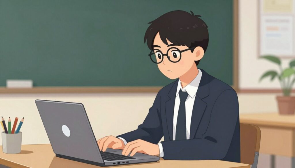 Generate an image of a student using the FlowScholar app on their laptop, with a look of concentration and productivity.