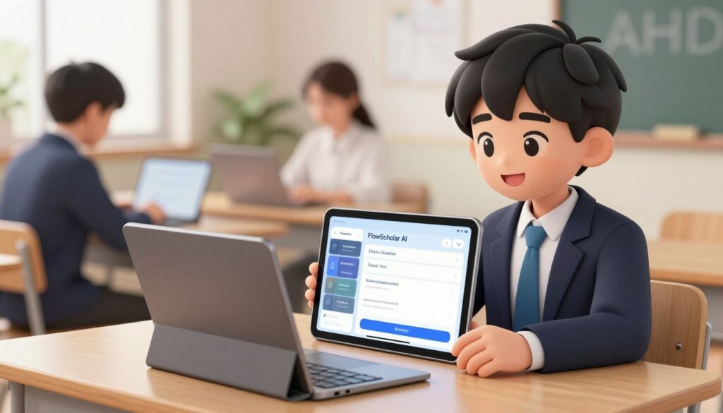 Generate an image of a student with ADHD using a tablet with FlowScholar AI education tool Generate an image of a student with ADHD using a tablet with FlowScholar AI education tool