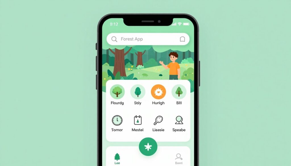 Generate an image of the Forest App interface on a smartphone