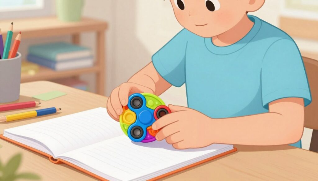 Image of a fidget toy, such as a stress ball or fidget spinner, being used by a child with ADHD during a study session. Image of a fidget toy, such as a stress ball or fidget spinner, being used by a child with ADHD during a study session.