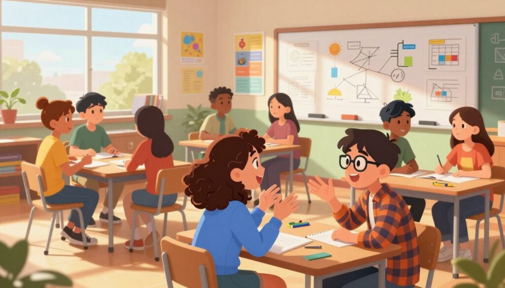 A bright and dynamic classroom scene featuring diverse students engaged in a pair share activity. In the foreground, two students, a girl with curly hair wearing a blue sweater and a boy with glasses in a plaid shirt, are animatedly discussing a topic with enthusiasm. In the middle ground, additional students are seen collaborating in pairs, showcasing expressions of interest and engagement. The classroom is filled with colorful educational posters and a whiteboard covered in ideas and diagrams. Soft natural lighting filters through large windows, casting warm shadows that create an inviting atmosphere. The scene conveys collaboration, creativity, and energy, typical of a vibrant learning environment, captured from a slightly elevated angle to encompass multiple pairs of engaged students. A bright and dynamic classroom scene featuring diverse students engaged in a pair share activity. In the foreground, two students, a girl with curly hair wearing a blue sweater and a boy with glasses in a plaid shirt, are animatedly discussing a topic with enthusiasm. In the middle ground, additional students are seen collaborating in pairs, showcasing expressions of interest and engagement. The classroom is filled with colorful educational posters and a whiteboard covered in ideas and diagrams. Soft natural lighting filters through large windows, casting warm shadows that create an inviting atmosphere. The scene conveys collaboration, creativity, and energy, typical of a vibrant learning environment, captured from a slightly elevated angle to encompass multiple pairs of engaged students.