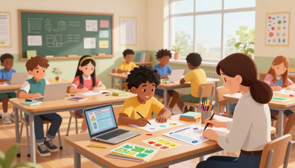 A bright and engaging classroom scene filled with diverse students engaged in hands-on activities at their desks. In the foreground, a teacher in professional attire is seated at a table, surrounded by colorful templates and various educational tools, actively customizing lesson plans. The middle ground features students of different backgrounds collaborating on projects, with items like laptops, books, and art supplies scattered about. The background shows a chalkboard filled with notes and diagrams, as well as educational posters on the walls. Soft, natural lighting pours in through large windows, creating a warm and inviting atmosphere. The overall mood is one of creativity, collaboration, and individualized attention to learning needs, reflecting the theme of customizing templates for diverse classrooms.