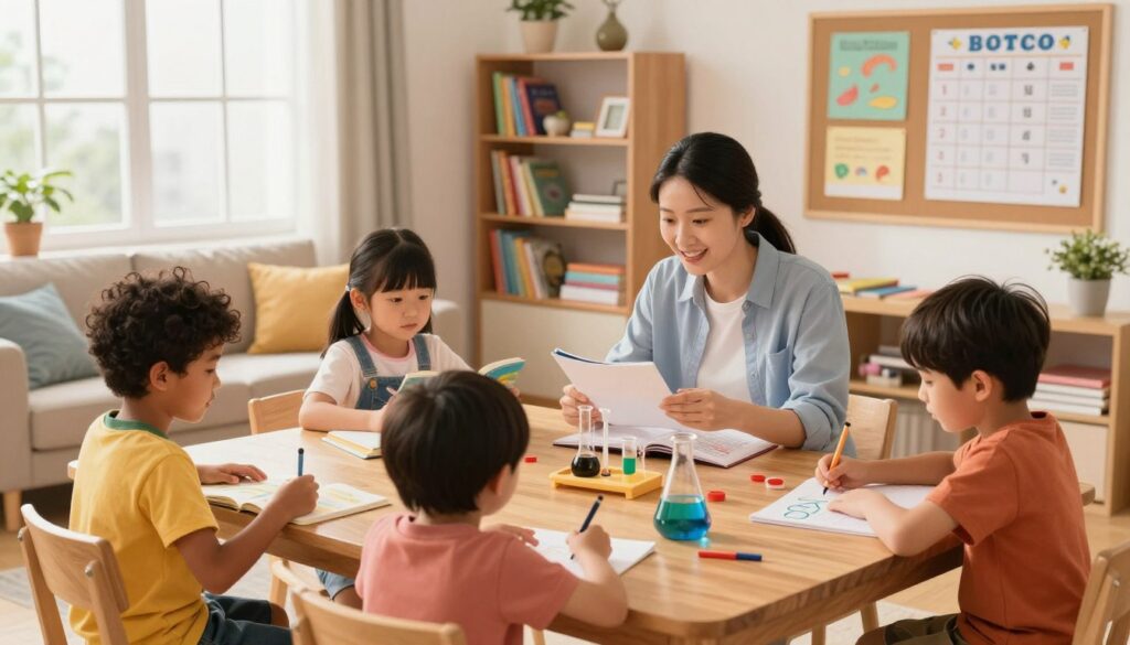 A bright and inviting homeschool setup in a cozy living room. In the foreground, a diverse group of children, aged 7 to 12, engage in various learning activities at a large wooden table, each focused on their own tasks – one is reading a book, another is working on a science experiment, and a third is drawing. In the middle ground, a parent, dressed in casual yet professional attire, actively discusses a lesson with one of the children, embodying a supportive teaching role. The background features shelves filled with books and educational materials, alongside a bulletin board with colorful charts and schedules. Soft, natural light streams in through a large window, creating a warm, nurturing atmosphere that embodies a sense of routine and structure.