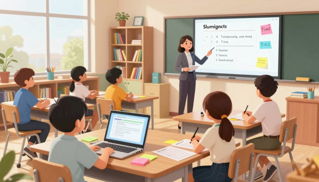 A bright, modern classroom filled with engaging learning materials and tools for teachers to enhance efficiency. In the foreground, a well-organized desk displays a laptop, lesson plans, and colorful sticky notes. In the middle, a teacher in professional attire is demonstrating a time-saving strategy on a digital whiteboard, surrounded by attentive students seated in neat rows. The background features shelves filled with books and art supplies, adding a creative atmosphere. Soft natural light filters through large windows, creating an inviting and productive mood. The angle captures both the teacher and students in action, emphasizing collaboration and focus. The scene embodies strategies for optimizing classroom time and improving workflow. A bright, modern classroom filled with engaging learning materials and tools for teachers to enhance efficiency. In the foreground, a well-organized desk displays a laptop, lesson plans, and colorful sticky notes. In the middle, a teacher in professional attire is demonstrating a time-saving strategy on a digital whiteboard, surrounded by attentive students seated in neat rows. The background features shelves filled with books and art supplies, adding a creative atmosphere. Soft natural light filters through large windows, creating an inviting and productive mood. The angle captures both the teacher and students in action, emphasizing collaboration and focus. The scene embodies strategies for optimizing classroom time and improving workflow.