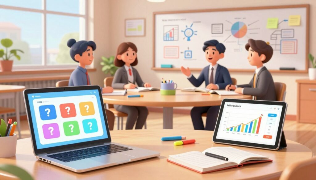 A bright, modern classroom setting with a focus on education AI tools. In the foreground, a sleek laptop displays an interactive mini-quiz interface, showing colorful question cards. Beside it, a tablet showcases a graph illustrating quiz performance statistics. In the middle ground, animated digital characters, dressed in professional business attire, discuss quiz strategies over a round table filled with notebooks and highlighters, emphasizing collaboration. The background features a large whiteboard filled with educational diagrams and sticky notes, with natural light streaming in from large windows, creating a warm and inviting atmosphere. The composition conveys a sense of innovation, engagement, and productivity, ideal for enhancing retention through mini-quizzes.