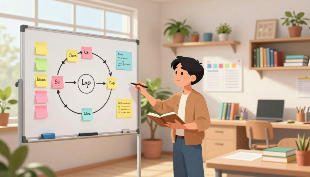 A bright, modern workspace with a large whiteboard in the foreground displaying colorful, organized sticky notes and diagrams illustrating the steps of a loop schedule. In the middle, a focused adult wearing casual but professional attire is brainstorming with a notebook and pen, surrounded by educational materials like books and planners. Soft natural light streams in from a nearby window, illuminating the scene and creating a warm, inviting atmosphere. The background features rows of potted plants and shelves filled with educational supplies. The overall mood is productive and inspiring, capturing the essence of planning and implementing a loop schedule for homeschooling.