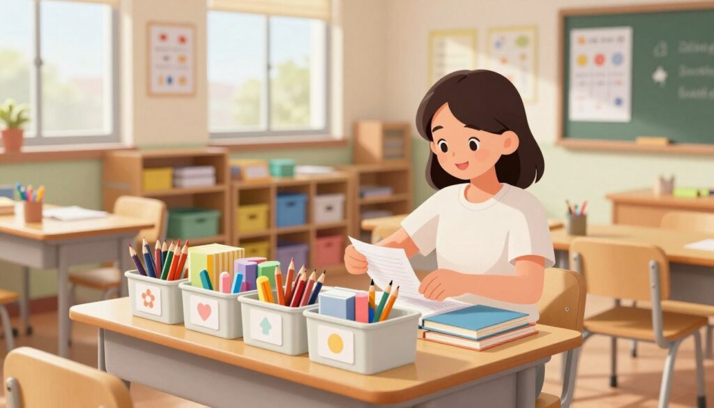 A bright, organized classroom showcasing a student responsibility classroom materials system. In the foreground, a neat desk with labeled storage bins for supplies like pencils, paper, and books. In the middle ground, a female student in modest casual clothing is responsibly managing her materials, sorting through items with a cheerful expression. The background features shelves filled with colorful organizational tools, charts, and educational posters on the walls, highlighting a focused learning environment. Soft, natural light floods the room through large windows, creating a warm and inviting atmosphere. The angle is a slightly elevated side view, capturing the harmonious flow between students and materials, emphasizing the structured organization within a creative learning space.