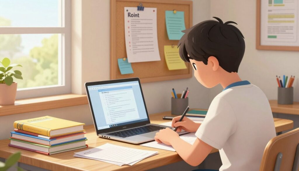 A bright, organized study space featuring a student seated at a wooden desk, deeply focused on a variety of assignment materials scattered around. In the foreground, a laptop displays an open document, while textbooks and notebooks are neatly piled up beside it. The middle ground showcases a colorful corkboard filled with pinned reminders and to-do lists, illustrating a structured approach to tasks. In the background, a sunlit window offers a glimpse of a serene outdoor scene, enhancing the atmosphere of productivity. Soft, natural lighting creates a warm tone, emphasizing the student's concentration and determination. The overall mood is inspiring and encouraging, perfect for illustrating an efficient workflow for assignments.