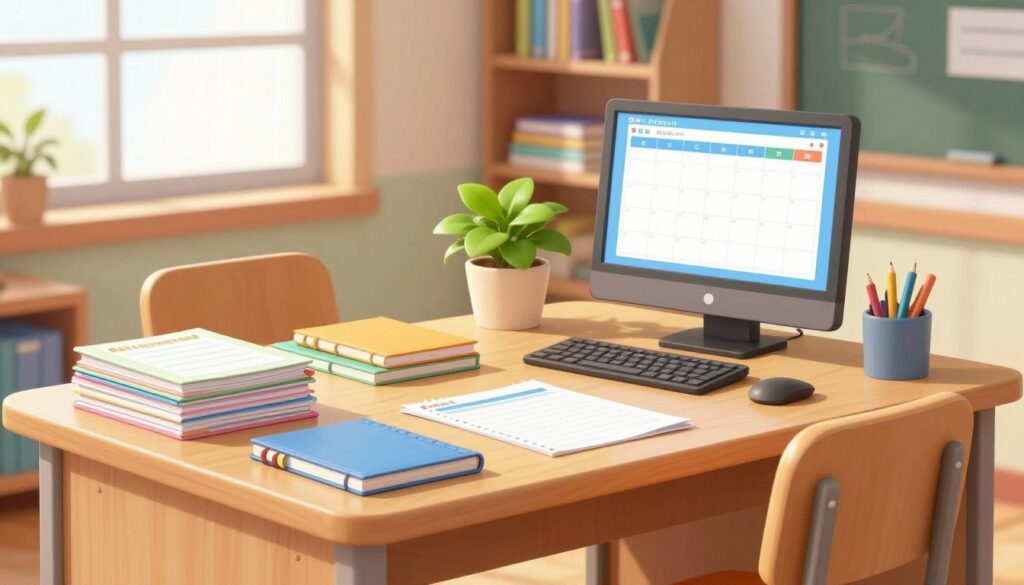 A bright, organized teacher's desk in a classroom setting, featuring neatly stacked lesson plans, colorful notebooks, and an attractive plant. The desk is made of warm wood, adding a touch of coziness, with a computer monitor displaying an open calendar. A chair is positioned neatly beside the desk. In the background, shelves filled with books and educational materials create an inviting atmosphere. Soft, natural lighting filters in through large windows, casting gentle shadows that emphasize the desk's organization. The image captures a sense of calm and productivity, reflecting a space designed for focused work and creativity, with no clutter or distractions present. A bright, organized teacher's desk in a classroom setting, featuring neatly stacked lesson plans, colorful notebooks, and an attractive plant. The desk is made of warm wood, adding a touch of coziness, with a computer monitor displaying an open calendar. A chair is positioned neatly beside the desk. In the background, shelves filled with books and educational materials create an inviting atmosphere. Soft, natural lighting filters in through large windows, casting gentle shadows that emphasize the desk's organization. The image captures a sense of calm and productivity, reflecting a space designed for focused work and creativity, with no clutter or distractions present.