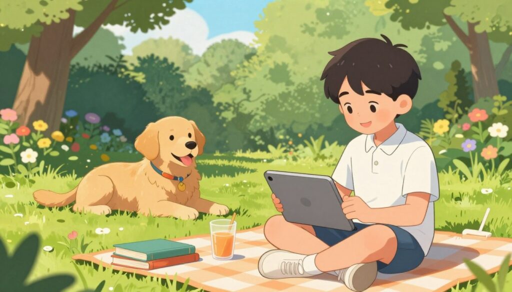 A bright, sunny day in a cozy backyard where a young student sits comfortably on a blanket, engrossed in an educational tablet. In the foreground, the student, dressed in a light polo shirt and shorts, smiles as they interact with the screen, surrounded by scattered books and a refreshing drink. The middle ground features a playful golden retriever lounging nearby, adding a sense of companionship. The background is adorned with vibrant green trees and colorful flowers, contributing to a cheerful summer atmosphere. Soft natural light filters through the leaves, casting gentle shadows. The scene exudes a relaxed and productive mood, highlighting the balance of screen time and outdoor enjoyment during school breaks while encouraging responsible habits.