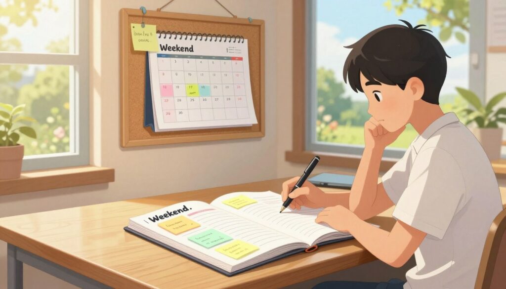 A brightly lit study room with a wooden desk in the foreground, showcasing an open planner filled with colorful sticky notes and a pen, symbolizing weekend planning. In the middle ground, a corkboard punctuated with reminders and motivational quotes hangs on the wall, with a calendar displaying the weekend highlighted. The background features a window with sunlight streaming in, revealing a peaceful garden outside, enhancing a calm, focused atmosphere. The overall mood is inspiring and organized, encouraging productivity. Use natural lighting to create a warm, inviting ambiance, capturing the essence of a productive weekend ahead. Include a professional high school student in modest casual attire, thoughtfully reflecting on their plans.