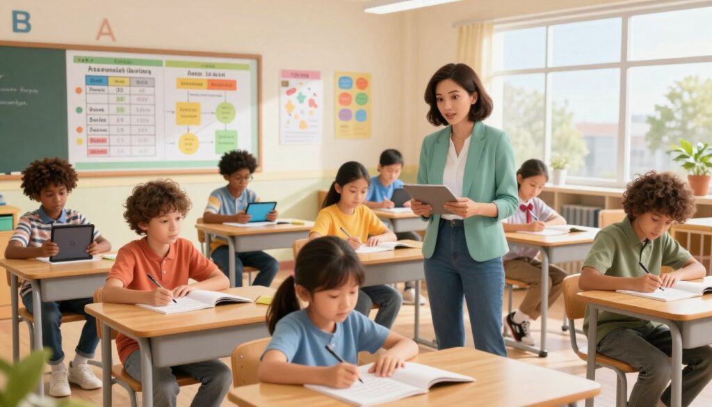 A classroom scene focused on a diverse group of students engaged in differentiated instruction activities. In the foreground, a teacher in smart casual attire attentively observes students working on various tasks at their desks, showcasing different learning styles; some are collaborating on a project, while others are reading individually or using tablets. In the middle ground, colorful charts and diagrams illustrate assessment metrics on the wall, symbolizing the impact of personalized learning. The background features a bright, well-organized classroom with educational posters and natural light streaming through large windows, creating a warm and inviting atmosphere. The overall mood is one of active engagement and thoughtful evaluation, emphasizing the dynamic nature of learning and teaching. A classroom scene focused on a diverse group of students engaged in differentiated instruction activities. In the foreground, a teacher in smart casual attire attentively observes students working on various tasks at their desks, showcasing different learning styles; some are collaborating on a project, while others are reading individually or using tablets. In the middle ground, colorful charts and diagrams illustrate assessment metrics on the wall, symbolizing the impact of personalized learning. The background features a bright, well-organized classroom with educational posters and natural light streaming through large windows, creating a warm and inviting atmosphere. The overall mood is one of active engagement and thoughtful evaluation, emphasizing the dynamic nature of learning and teaching.