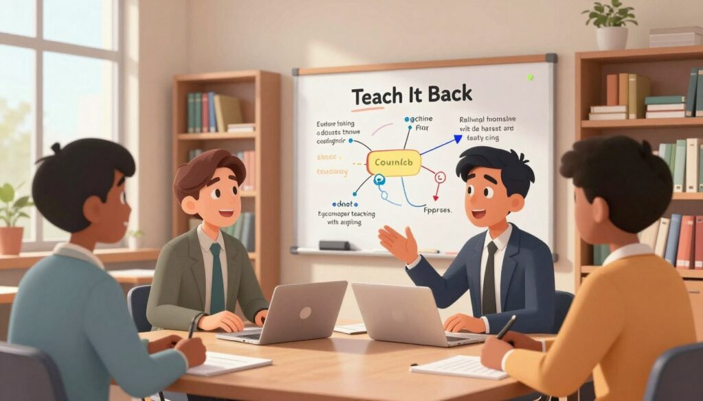 A classroom setting where a diverse group of professional-looking students, wearing business casual attire, engages in a collaborative learning environment. In the foreground, two students are animatedly discussing a concept, with one visibly explaining while the other listens attentively, reflecting the "Teach It Back" method. In the middle, a whiteboard displays colorful diagrams and keywords related to cognitive teaching processes, symbolizing knowledge transfer. The background features shelves filled with books and educational materials, adding depth to the setting. Soft, natural lighting filters through large windows, creating a warm and inviting atmosphere. The angle captures the interaction clearly, emphasizing the connection and engagement of students. The overall mood is one of curiosity, collaboration, and active learning.