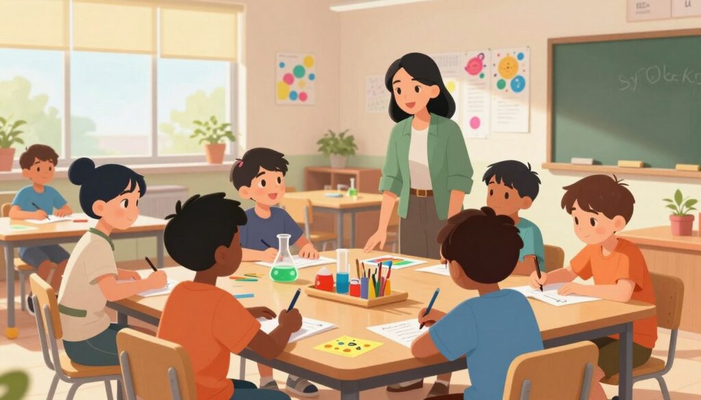 A classroom setting where students are engaged in meaningful homework choices. In the foreground, a diverse group of students, wearing modest casual clothing, is gathered around a table, each working on different projects that reflect their interests, such as art, science experiments, and creative writing. In the middle ground, a supportive teacher observes, interacting with students and providing guidance. The background features a bright, well-lit classroom with colorful posters on the walls that promote creativity and learning. Natural light streams in through large windows, creating a warm and inviting atmosphere. The image conveys a sense of enthusiasm and collaboration, highlighting the importance of student agency in homework. A classroom setting where students are engaged in meaningful homework choices. In the foreground, a diverse group of students, wearing modest casual clothing, is gathered around a table, each working on different projects that reflect their interests, such as art, science experiments, and creative writing. In the middle ground, a supportive teacher observes, interacting with students and providing guidance. The background features a bright, well-lit classroom with colorful posters on the walls that promote creativity and learning. Natural light streams in through large windows, creating a warm and inviting atmosphere. The image conveys a sense of enthusiasm and collaboration, highlighting the importance of student agency in homework.