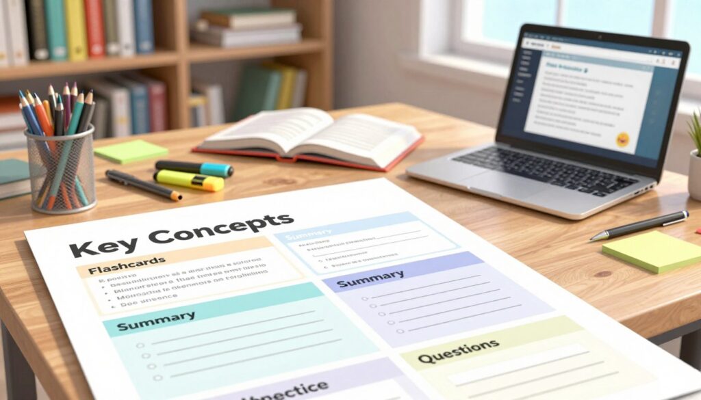 A clean and organized study guide template is displayed prominently in the foreground. The template is designed with various sections including 'Key Concepts', 'Flashcards', 'Summary', and 'Practice Questions', each distinctively colored with subtle shading for clarity. In the middle, a neatly arranged desk features stationery items like pens, highlighters, and sticky notes, along with an open textbook and a laptop with a study session webpage visible. The background showcases a well-lit study space with bookshelves lined with textbooks and academic resources, providing a scholarly atmosphere. Natural light filters through a window, casting soft shadows, creating a calm and focused mood suitable for effective studying. The camera angle is slightly overhead, capturing the entire scene in an inviting and informative way.