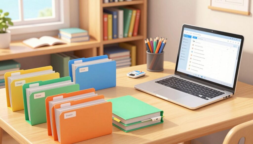A clean and organized workspace showcasing a "Clean Folder System" for school. In the foreground, neatly labeled folders in vibrant colors, arranged in a well-organized desk space with a sleek, modern laptop open, displaying an intuitive digital filing system. The middle ground captures a tidy bookshelf filled with books and stationery, emphasizing simplicity and accessibility. The background features a soft-focus window allowing natural light to illuminate the scene, creating a warm and inviting atmosphere. Use a wide-angle lens to capture the full scope of organization, with a slight birds-eye view angle emphasizing the tidiness and efficiency of the folder system. The overall mood should convey a sense of calm, orderliness, and focus, inspiring productivity.