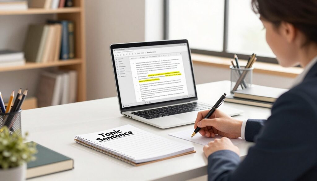 A clean, well-organized writing desk in a bright, airy office setting, featuring a notepad with a prominent, bold heading reading "Topic Sentence" at the top. In the foreground, a professional-looking person dressed in business attire is seated at the desk, thoughtfully writing with a fountain pen. The middle layer showcases an open laptop displaying a clear outline of a body paragraph, with highlighted sections emphasizing the importance of topic sentences. In the background, bookshelves filled with neatly arranged books on writing and composition add depth to the scene. Soft, natural lighting streams through a large window, casting a warm glow and creating an inspiring, focused atmosphere ideal for writing. A clean, well-organized writing desk in a bright, airy office setting, featuring a notepad with a prominent, bold heading reading "Topic Sentence" at the top. In the foreground, a professional-looking person dressed in business attire is seated at the desk, thoughtfully writing with a fountain pen. The middle layer showcases an open laptop displaying a clear outline of a body paragraph, with highlighted sections emphasizing the importance of topic sentences. In the background, bookshelves filled with neatly arranged books on writing and composition add depth to the scene. Soft, natural lighting streams through a large window, casting a warm glow and creating an inspiring, focused atmosphere ideal for writing.
