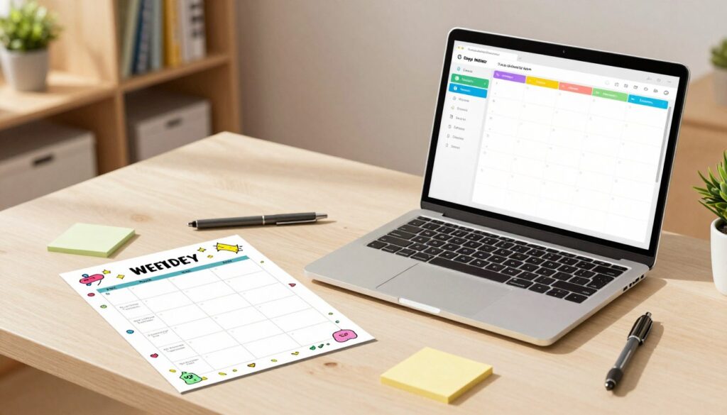 A clean workspace featuring both printable and digital template options for busy students. In the foreground, a neatly organized desk shows a colorful printable weekly planner with hand-drawn elements, surrounded by stationery like pens and sticky notes. Beside it, a laptop displays a bright digital planner on the screen, showcasing a sleek interface with colorful tabs. In the middle, the contrast between tactile paper and high-tech digital features captures the essence of choice. The background is softly blurred, showing a bookshelf filled with educational materials and plants, contributing to a calm, productive atmosphere. The lighting is warm and inviting, casting soft shadows, and creating a motivational mood ideal for students. The angle is slightly top-down, providing a comprehensive view of both options without distractions or any text elements. A clean workspace featuring both printable and digital template options for busy students. In the foreground, a neatly organized desk shows a colorful printable weekly planner with hand-drawn elements, surrounded by stationery like pens and sticky notes. Beside it, a laptop displays a bright digital planner on the screen, showcasing a sleek interface with colorful tabs. In the middle, the contrast between tactile paper and high-tech digital features captures the essence of choice. The background is softly blurred, showing a bookshelf filled with educational materials and plants, contributing to a calm, productive atmosphere. The lighting is warm and inviting, casting soft shadows, and creating a motivational mood ideal for students. The angle is slightly top-down, providing a comprehensive view of both options without distractions or any text elements.