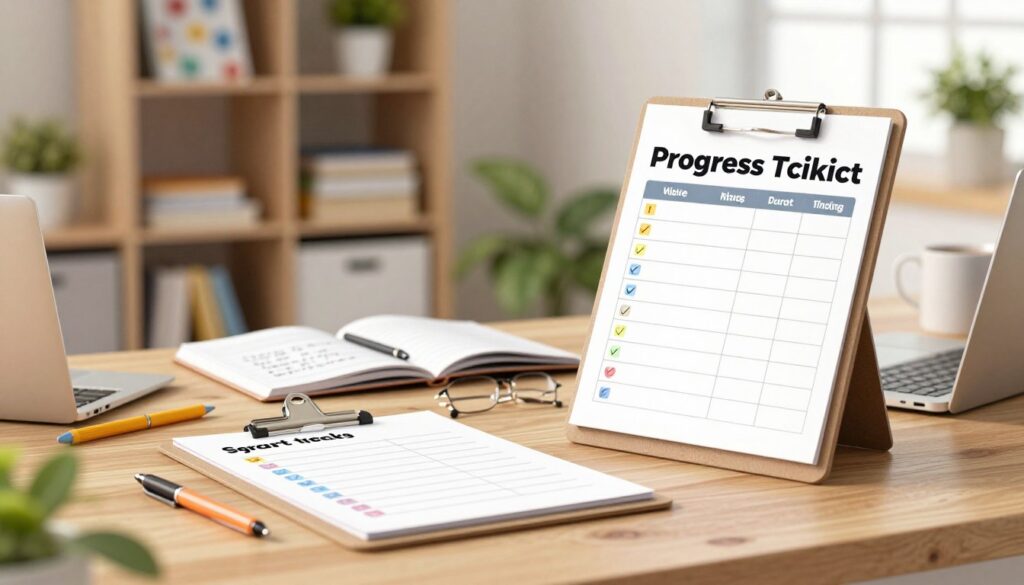 A clear, organized workspace with a professional-looking student progress tracking workflow checklist prominently displayed on a wooden desk. In the foreground, a clipboard holding the checklist is surrounded by colorful pens and a laptop. In the middle, an open notebook with handwritten notes and a coffee mug, conveying a productive atmosphere. The background features a soft-focus bookshelf with educational materials, plants, and a window allowing natural light to brighten the scene, creating a welcoming feel. The lighting should be warm and inviting, evoking a sense of focus and clarity. The composition gives an impression of efficiency and motivation, without any text, ensuring a clean and engaging visual representation of a smart tracking workflow.