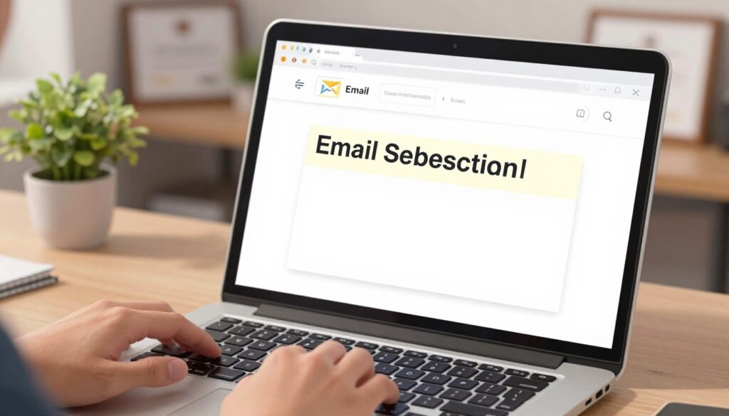 A close-up of a digital interface displaying a well-crafted email subject line for a corporate context. In the foreground, a sleek laptop keyboard is visible, with fingers poised above the keys, set against a background of a neutral-toned office desk. The middle section features the open email application, showcasing a highlighted subject line that emphasizes professionalism and clarity, without any actual text shown. The background reveals blurred office decor, such as potted plants and framed certificates, creating an atmosphere of professionalism and ambition. The lighting is soft and warm, casting gentle shadows, evoking a focused and respectful mood. The composition should be shot from a slightly elevated angle to capture the essence of corporate communication, perfect for a scholarly article.