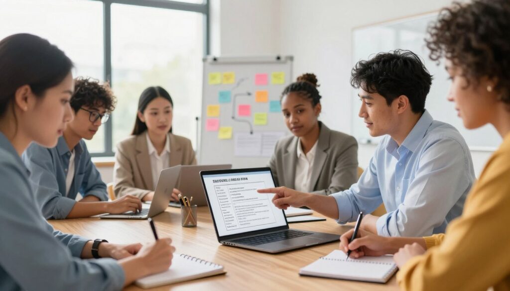 A close-up scene of a diverse group of professionals gathered around a large conference table, deeply engaged in discussion about an upcoming school event. In the foreground, a focused woman with glasses jots notes on a notepad, while another individual, a man in a crisp business shirt, points to an agenda displayed on a laptop. In the middle ground, a whiteboard filled with colorful sticky notes and diagrams highlights event details like date, time, and location. The background features a bright, airy office space with natural light streaming through large windows, creating a warm, collaborative atmosphere. The overall mood is focused and energetic, emphasizing teamwork and the importance of gathering essential event details before proceeding with writing. A close-up scene of a diverse group of professionals gathered around a large conference table, deeply engaged in discussion about an upcoming school event. In the foreground, a focused woman with glasses jots notes on a notepad, while another individual, a man in a crisp business shirt, points to an agenda displayed on a laptop. In the middle ground, a whiteboard filled with colorful sticky notes and diagrams highlights event details like date, time, and location. The background features a bright, airy office space with natural light streaming through large windows, creating a warm, collaborative atmosphere. The overall mood is focused and energetic, emphasizing teamwork and the importance of gathering essential event details before proceeding with writing.