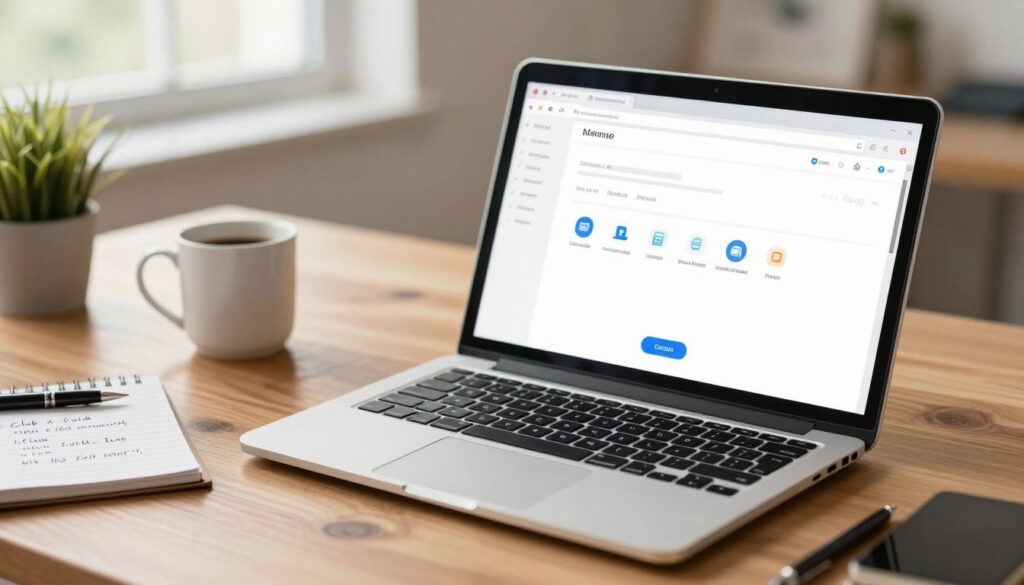 A close-up view of a modern, sleek laptop open on a polished wooden desk, displaying an email interface. The screen shows a professional message template with subtle icons symbolizing communication tools. In the foreground, a handwritten notepad with notes about club activities, a pen resting beside it. The middle ground includes a soft-focus coffee mug, and a small plant for a touch of nature, creating a warm atmosphere. In the background, soft natural light filters through a window, illuminating a well-organized workspace. The overall mood is productive and professional, ideal for illustrating effective communication.