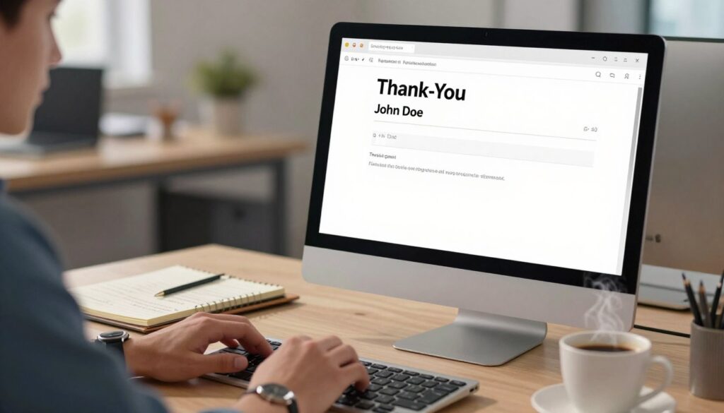 A cluttered desk in a modern office setting, featuring a close-up of a computer screen displaying an email draft titled "Thank-You" but with the name "John Doe" misspelled in a glaring manner. The foreground shows a focused, professional-looking hand poised above the keyboard, wearing a silver watch. In the middle, a slightly blurred background includes a notepad with notes on writing tips and a cup of steaming coffee. Soft, ambient lighting bathes the scene, casting gentle shadows that evoke a contemplative atmosphere. The lens is set to a shallow depth of field to emphasize the email screen while maintaining a warm, inviting mood, highlighting the importance of personalized communication. A cluttered desk in a modern office setting, featuring a close-up of a computer screen displaying an email draft titled "Thank-You" but with the name "John Doe" misspelled in a glaring manner. The foreground shows a focused, professional-looking hand poised above the keyboard, wearing a silver watch. In the middle, a slightly blurred background includes a notepad with notes on writing tips and a cup of steaming coffee. Soft, ambient lighting bathes the scene, casting gentle shadows that evoke a contemplative atmosphere. The lens is set to a shallow depth of field to emphasize the email screen while maintaining a warm, inviting mood, highlighting the importance of personalized communication.