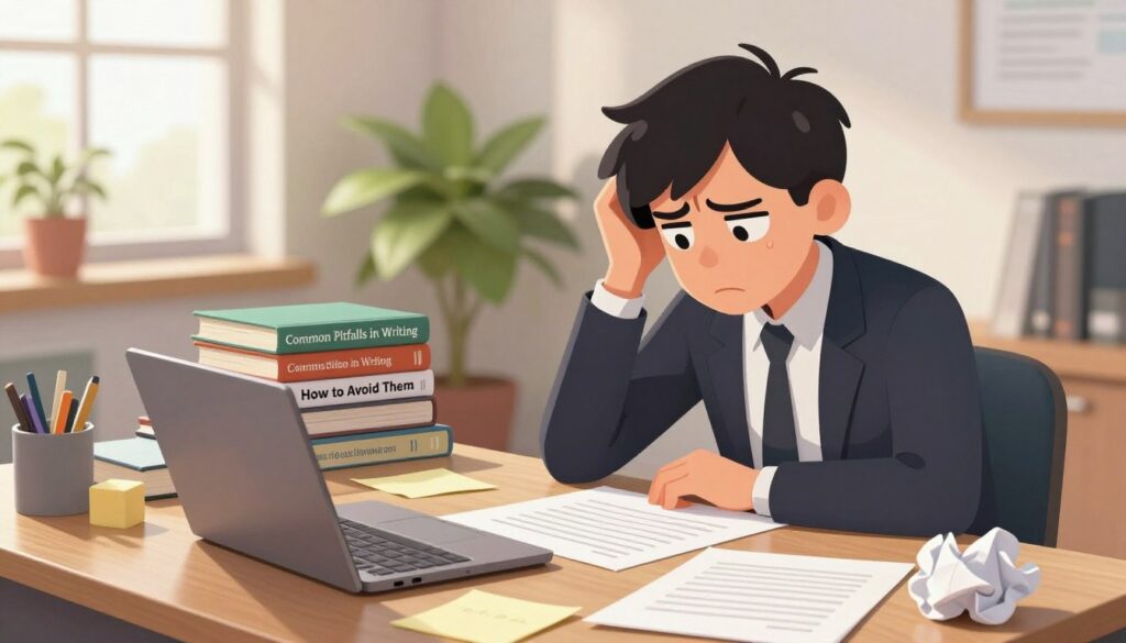 A cluttered desk in the foreground, featuring an open laptop with a partially written essay, scattered notes, and crumpled papers reflecting common writing pitfalls. A frustrated person in professional attire, sitting and looking overwhelmed, with furrowed brows and a hand in their hair, represents the struggle of essay writing. In the middle, a stack of books titled “Common Pitfalls in Writing” and “How to Avoid Them” adds context. The background showcases a bright, inviting office space with a potted plant and warm light streaming through a window, creating a contrast between tension and clarity. The overall mood is one of frustration turning into determination, highlighting the journey to become a better writer. A cluttered desk in the foreground, featuring an open laptop with a partially written essay, scattered notes, and crumpled papers reflecting common writing pitfalls. A frustrated person in professional attire, sitting and looking overwhelmed, with furrowed brows and a hand in their hair, represents the struggle of essay writing. In the middle, a stack of books titled “Common Pitfalls in Writing” and “How to Avoid Them” adds context. The background showcases a bright, inviting office space with a potted plant and warm light streaming through a window, creating a contrast between tension and clarity. The overall mood is one of frustration turning into determination, highlighting the journey to become a better writer.