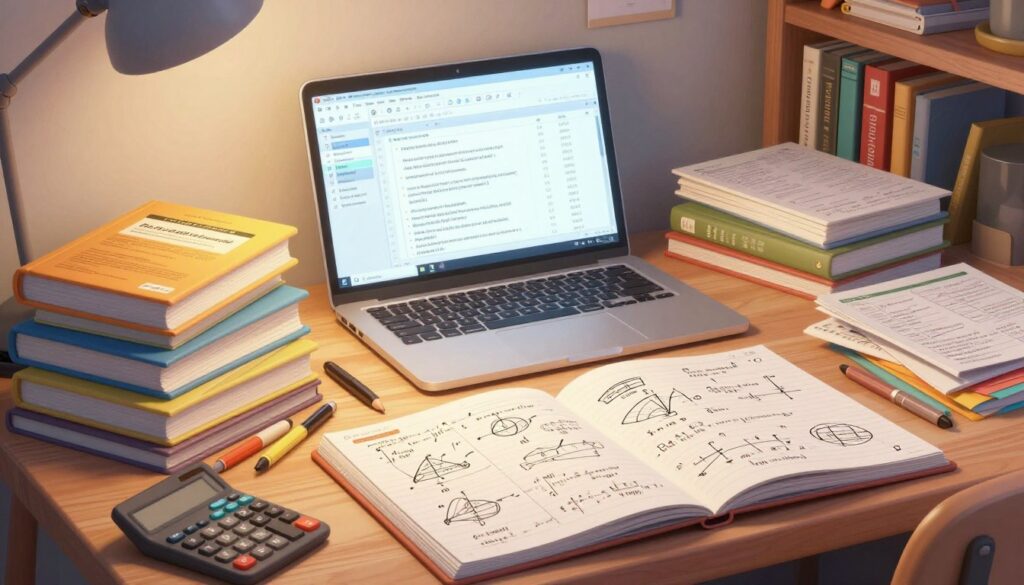 A cluttered desk overflowing with complex assignments and study materials. In the foreground, a stack of thick textbooks and open notebooks filled with intricate diagrams, flowcharts, and mathematical equations. A calculator and colored pens are scattered around, suggesting intense focus. The middle ground features a laptop screen displaying a project management tool with multiple tabs opened, showing various completed and in-progress tasks. Soft, warm lighting illuminates the scene, creating a cozy yet studious atmosphere. In the background, a well-organized bookshelf holds various academic resources, hinting at a dedicated workspace. The composition captures the essence of breaking down complex assignments, evoking a sense of productivity and determination. The angle is slightly overhead, providing a clear view of the workspace's depth and detail. A cluttered desk overflowing with complex assignments and study materials. In the foreground, a stack of thick textbooks and open notebooks filled with intricate diagrams, flowcharts, and mathematical equations. A calculator and colored pens are scattered around, suggesting intense focus. The middle ground features a laptop screen displaying a project management tool with multiple tabs opened, showing various completed and in-progress tasks. Soft, warm lighting illuminates the scene, creating a cozy yet studious atmosphere. In the background, a well-organized bookshelf holds various academic resources, hinting at a dedicated workspace. The composition captures the essence of breaking down complex assignments, evoking a sense of productivity and determination. The angle is slightly overhead, providing a clear view of the workspace's depth and detail.