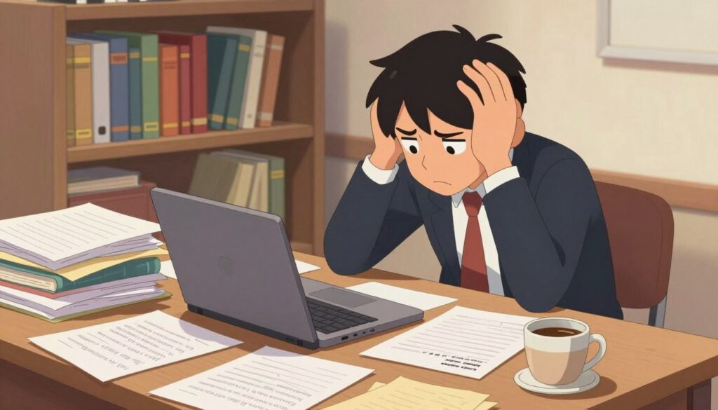 A cluttered desk scene representing common essay problems. In the foreground, a pile of disorganized papers with handwritten notes, an open laptop displaying a blank document, and a half-full coffee cup. The middle layer features a frustrated student in professional attire, sitting at the desk, with their hands on their head, depicting a sense of overwhelm. In the background, a bookshelf filled with books on writing, revision techniques, and grammar. Soft, warm lighting illuminates the scene, creating a focused yet tense atmosphere. The angle is slightly tilted to emphasize the student’s expression and the chaos of the desk, reflecting the common challenges faced during essay writing. A cluttered desk scene representing common essay problems. In the foreground, a pile of disorganized papers with handwritten notes, an open laptop displaying a blank document, and a half-full coffee cup. The middle layer features a frustrated student in professional attire, sitting at the desk, with their hands on their head, depicting a sense of overwhelm. In the background, a bookshelf filled with books on writing, revision techniques, and grammar. Soft, warm lighting illuminates the scene, creating a focused yet tense atmosphere. The angle is slightly tilted to emphasize the student’s expression and the chaos of the desk, reflecting the common challenges faced during essay writing.