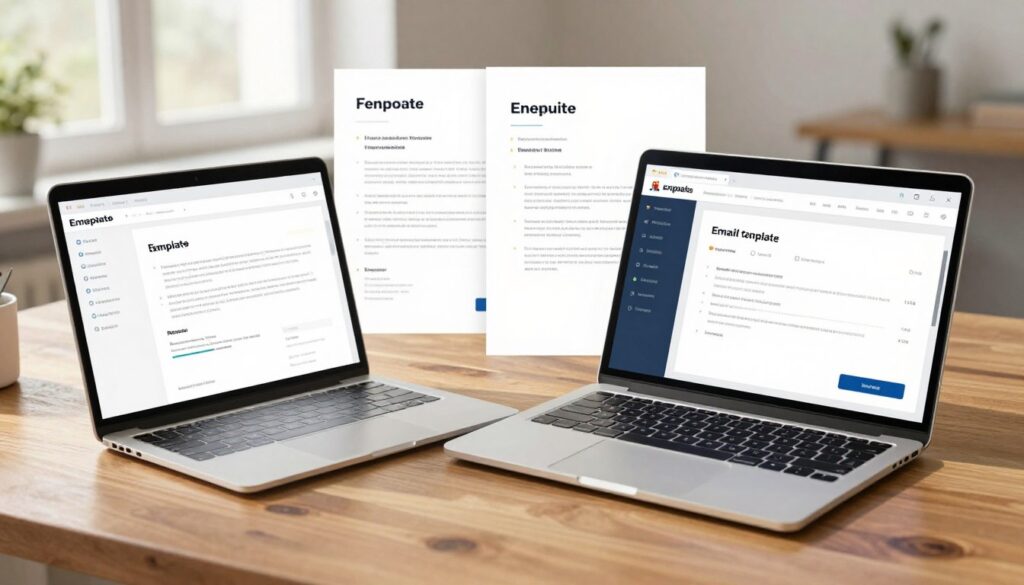 A collection of sleek, professional email templates displayed on a polished wooden desk. In the foreground, a well-organized, open laptop showcasing a modern email composition interface is shown, with colorful, neatly designed templates visible on the screen. In the middle, several printed email drafts are scattered, highlighting various layout designs, including headings, bullet points, and signature lines. The background features soft, natural lighting filtering through a window, casting gentle shadows and creating a warm, inviting atmosphere. The scene evokes a sense of productivity and professionalism, perfect for illustrating communication tools for clubs and teams. The overall composition is clean and focused, with no distractions or text overlays.