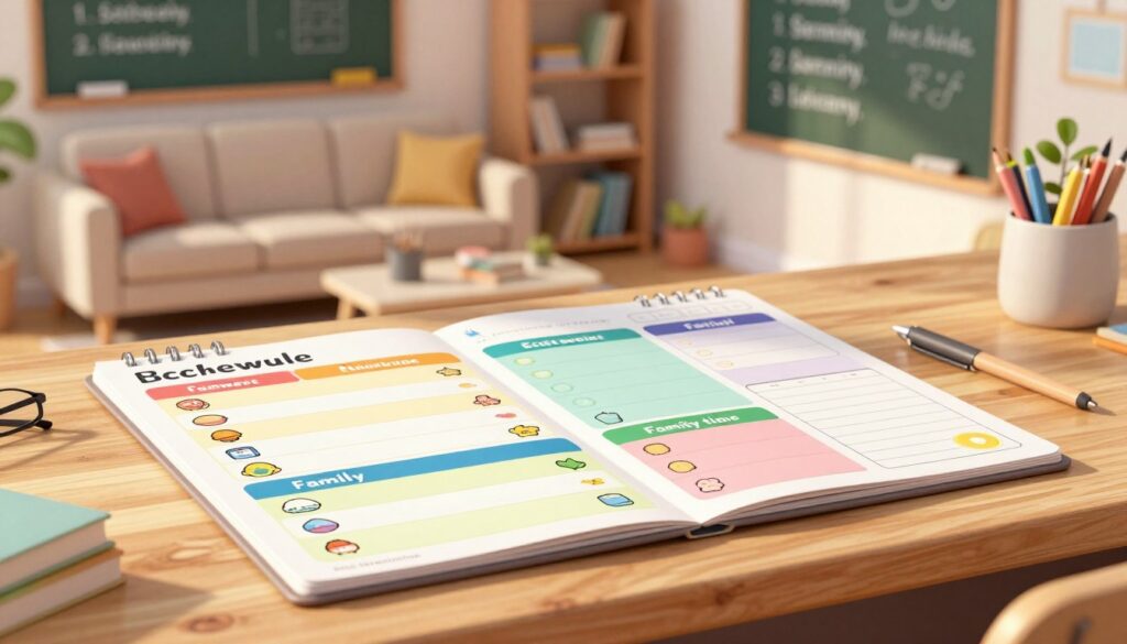 A colorful visual schedule planner prominently displayed on a wooden desk. In the foreground, the planner features neatly arranged blocks of color-coded segments for homework, extracurricular activities, and family time, with small icons illustrating each activity. In the middle, a cozy living room scene unfolds, showing a neatly organized space with a comfy couch and a chalkboard in the background highlighting family goals. Soft, warm lighting floods the room, creating an inviting atmosphere. A subtle afternoon sun casts gentle shadows across the planner, enhancing the sense of a relaxed, productive environment. This image captures the balance of structured planning and family life, emphasizing a harmonious approach to time management for middle schoolers.