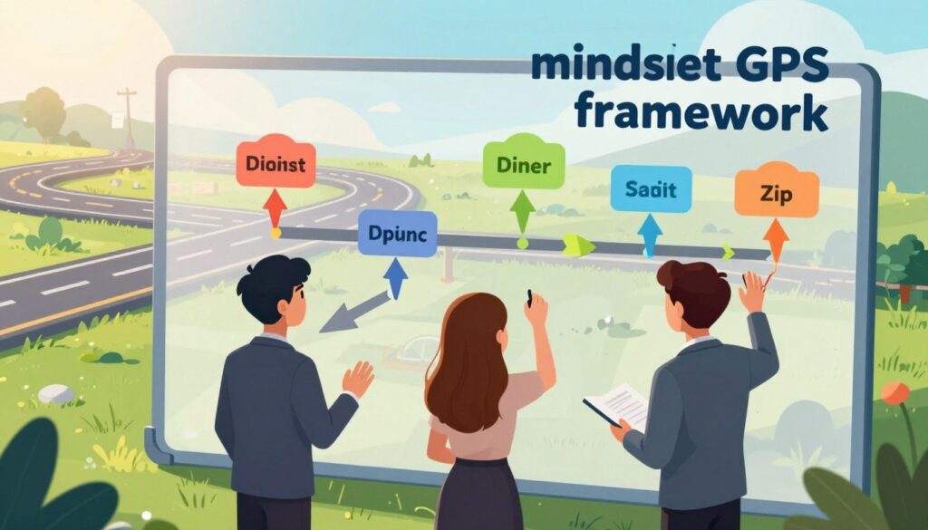 A conceptual illustration of the "mindset GPS framework," designed to symbolize a journey from panic to progress. In the foreground, a diverse group of three students in professional business attire is mapping out their paths on a large, transparent screen displaying various mindset milestones, with vibrant colors representing different emotional states. In the middle ground, an abstract road network symbolizes the different routes of personal growth, with arrows indicating positive direction and transformation. The background features a serene landscape, symbolizing calm and clarity, with soft, glowing sunlight filtering through. The atmosphere is optimistic and encouraging, evoking feelings of hope and determination. The composition is shot from a slightly elevated angle, emphasizing the students’ engagement with the framework.