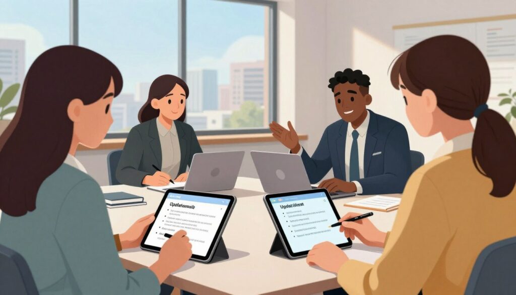 A contemporary office setting with professionals engaged in discussion around a large table, drawing attention to various types of update email formats displayed on digital devices. In the foreground, a woman in smart casual attire examines a sleek tablet showcasing bullet points for succinct update emails. The middle ground features two diverse colleagues, one taking notes and the other gesturing towards an infographic on a nearby laptop screen. In the background, a large window offers soft natural light, highlighting a cityscape, with a crisp blue sky. The overall atmosphere is collaborative and focused, conveying a sense of purpose and trustworthiness in professional communications. The camera angle is slightly elevated, allowing for a clear view of the interactions and devices.