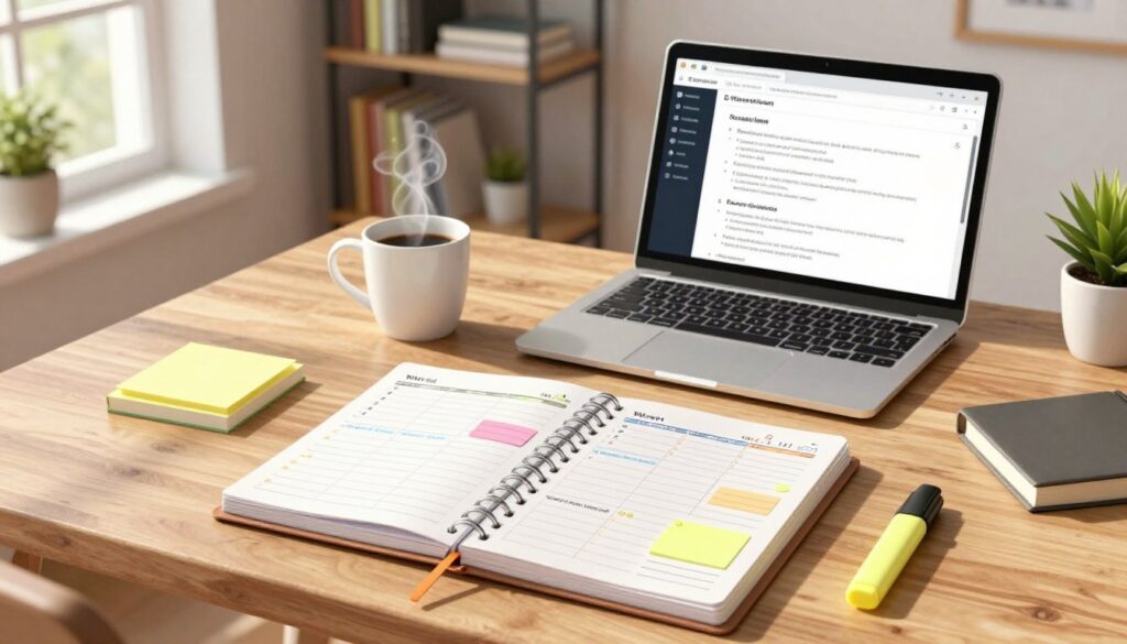 A contemporary study schedule laid out on a wooden desk in a well-lit, modern home office. The foreground features a neatly organized planner open to a week-long study layout, with colorful sticky notes and a highlighter beside it. In the middle, a steaming cup of coffee sits next to a laptop showcasing tabs for study resources. The atmosphere is focused and motivating, with warm natural light streaming in from a nearby window, casting soft shadows. The background includes a bookshelf filled with neatly arranged books and a small potted plant for a touch of greenery. The overall mood is productive and encouraging, designed to inspire a structured study routine.