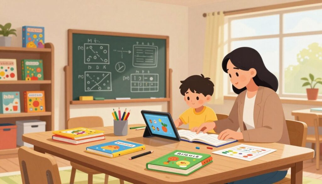 A cozy and inviting homeschool environment filled with interactive learning resources. In the foreground, a large wooden table is covered with colorful educational materials: vibrant books, art supplies, and digital tablets displaying engaging apps. A child wearing comfortable casual clothing is sitting at the table, focused on a tablet, while a parent, dressed in professional attire, assists nearby, pointing at a book. In the middle, a chalkboard is filled with diagrams and notes, showcasing various subjects like math and science. The background features a well-lit room with shelves lined with educational games, and large windows letting in warm natural light, creating a cheerful, productive atmosphere. The scene evokes a sense of collaboration, creativity, and joy in learning.